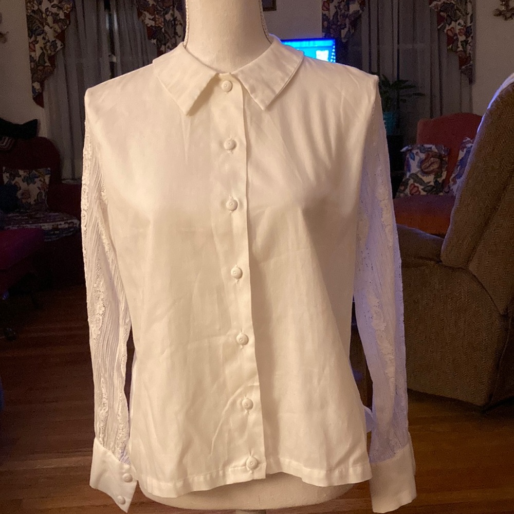 Vintage White Blouse with Lace Sleeves